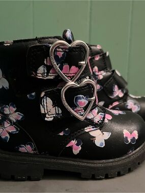 Carter's Black Floral Heart-Buckle Kids Boots with Pink & White Accents